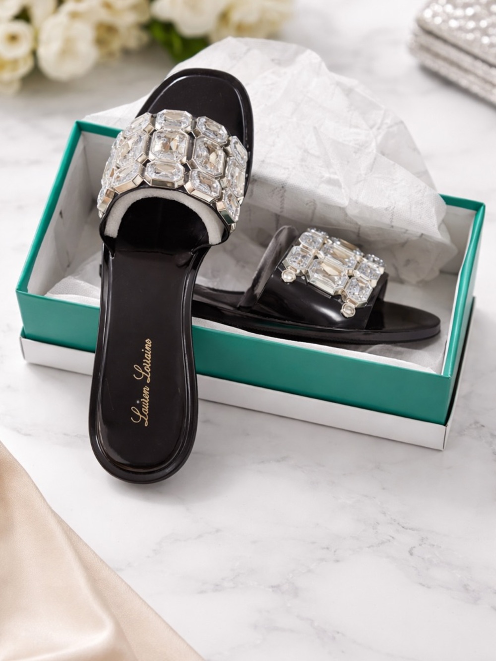 Lauren Lorraine Black Jeweled Slide Sandals